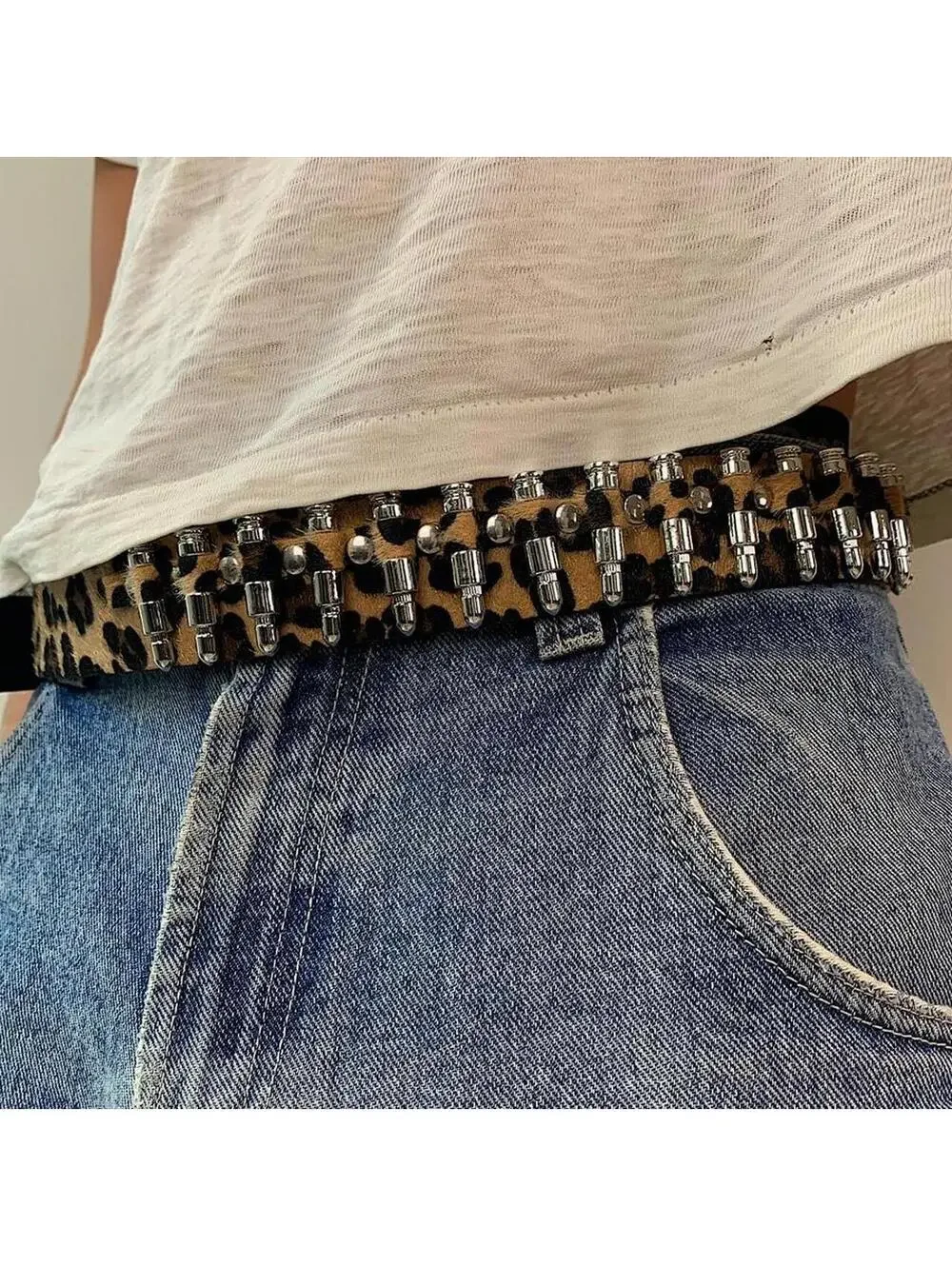 Cyber Bullet belt Cheetah Fur studded vintage y2k style. Cool grunge/punk look
